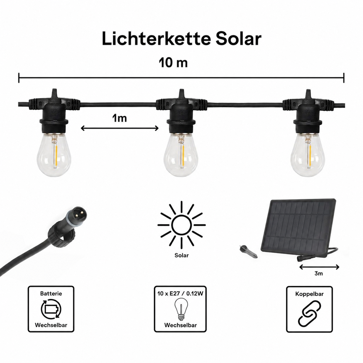 E27 Solarlichterkette 10m IP65 für Aussen