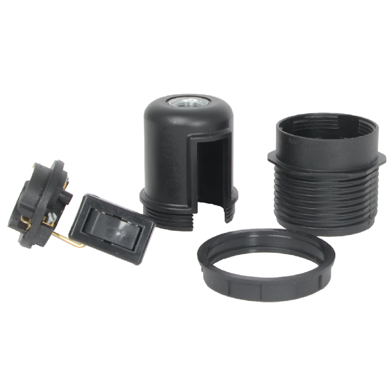 Lampenfassung E27 Thermoplast Schwarz matt mit Wippschalter und Aussengewinde